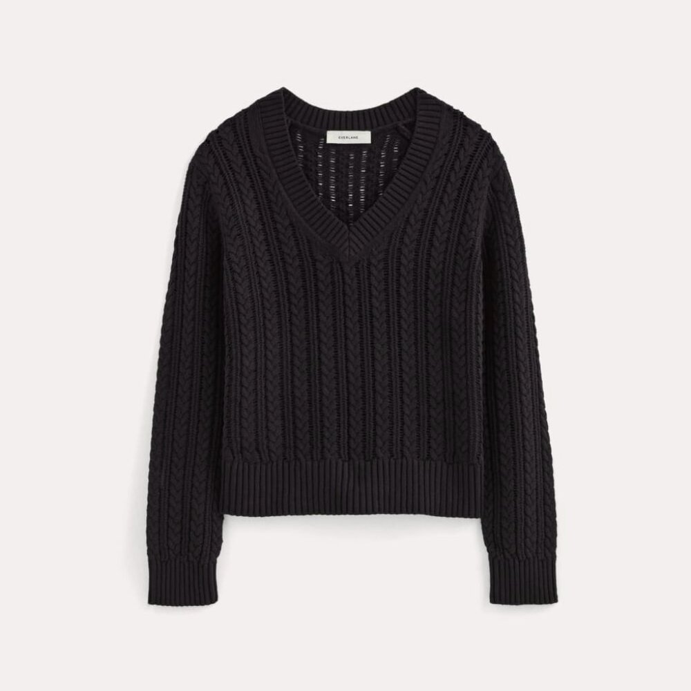 Everlane Women's Mesh Cable V-Neck Cotton Sweater in Black, Size Medium